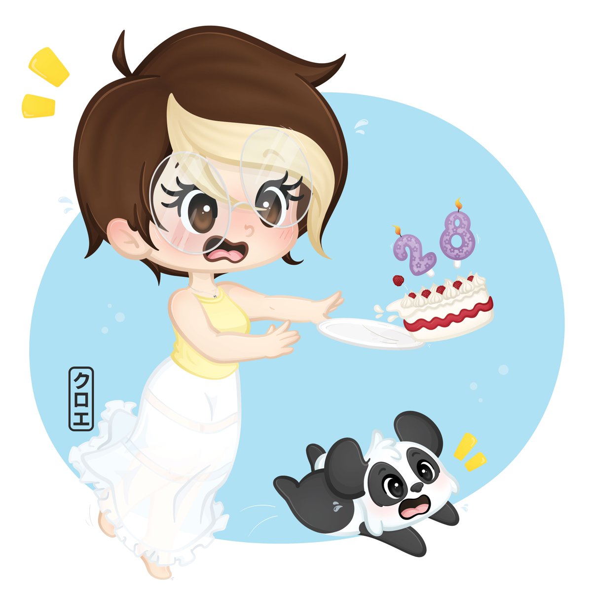 KuroeLemon's tweet photo. 🎂✨28 ans pour moi, 10 ans pour BJ !✨🐼

J’ai réalisé une illustration pour marquer l’occasion ! Me voilà donc trébuchant, mon gâteau envolé et BJ tentant de sauver notre dessert préféré !

Une scène un peu chaotique mais qui nous ressemble pas mal, finalement 🥲💛

11.07.2025 https://t.co/2jU7fF8Vkz