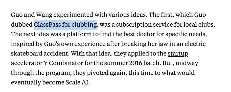 pitdesi's tweet image. Underreported lore about Scale AI is that Alex and Lucy started out building a ClassPass for clubbing, a subscription service for local clubs.