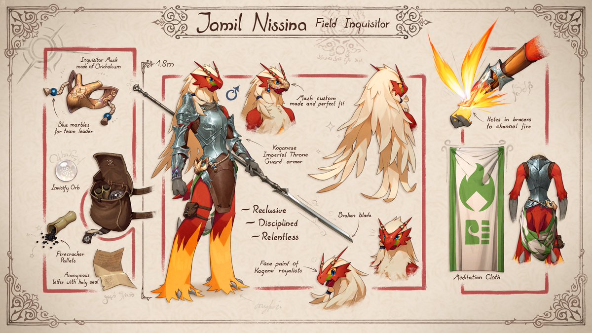 RealSpaceJunk's tweet image. Character ref for Jamil, the Blaziken Inquisitor from the wonderful country of Kogane.
One of the earliest characters I came up with. He is supposed to be one of the early antagonists to the other OC's I made. Finally, I managed to settle on a design that I like.