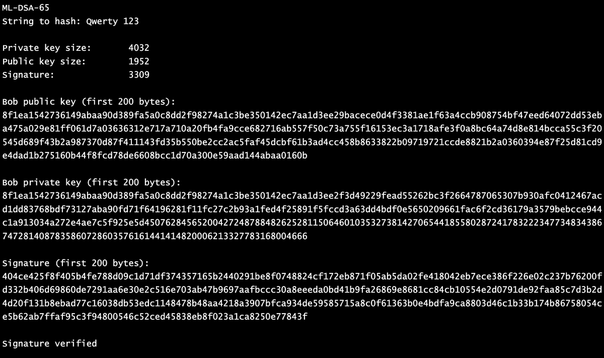 billatnapier's tweet image. ML-DSA-65 provides us with an alternative to RSA, ECDSA and Ed25519 for quantum-robust digital signing. Here is the implementation of ML-DSA-64 using the liboqs open source library:
asecuritysite.com/liboqs/liboqs_…