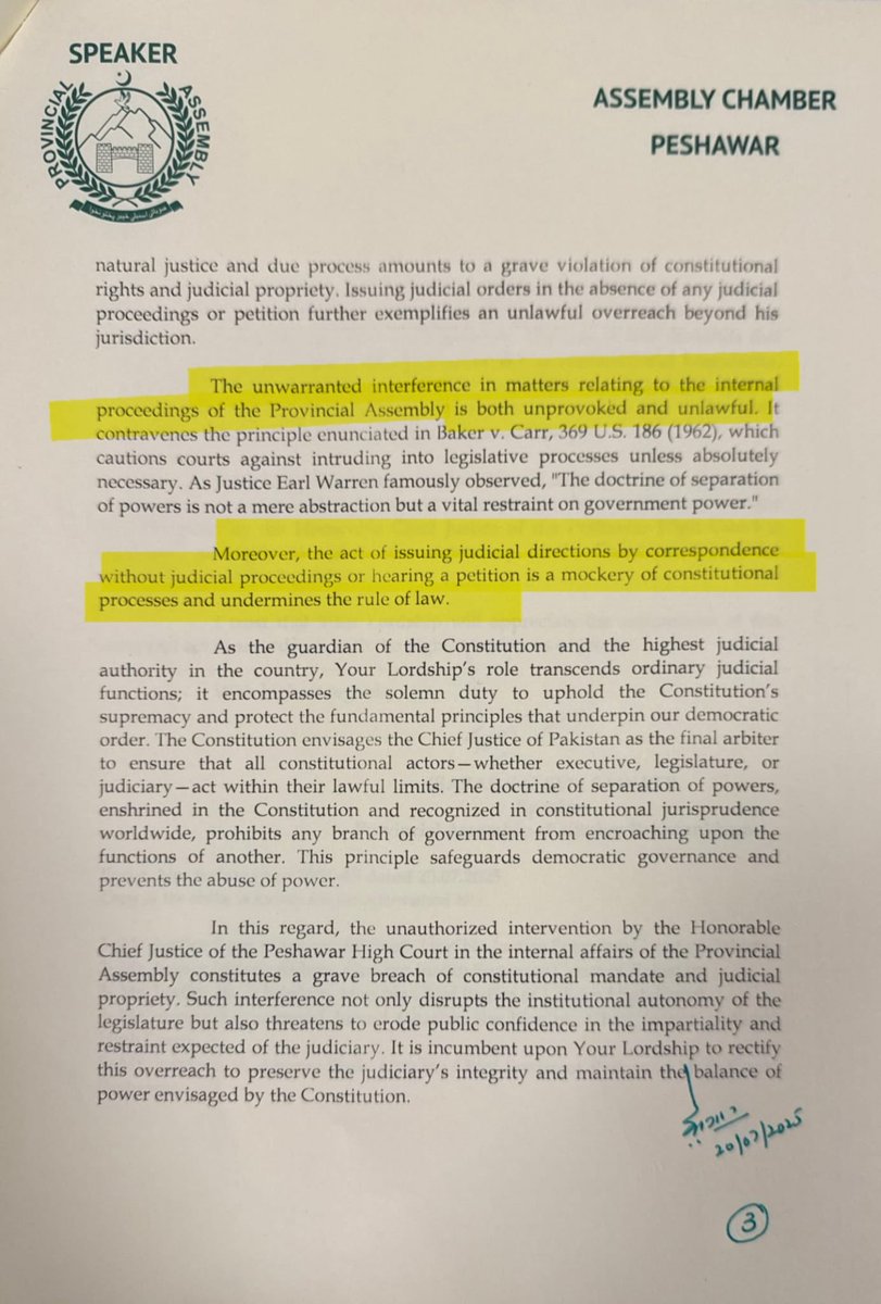 🚨 اسپیکر کے پی اسمبلی بابر سلیم سواتی کا چیف جسٹس پشاور ہائیکورٹ کے خلاف چیف جسٹس آف پاکستان کو خط

بغیر کسی عدالتی کاروائی کے اور کسی پٹیشن کو سنے بغیر عدالتی حکم جاری کرنا صریحا آئین کی خلاف ورزی ہے،
عدالت کی جانب سے صوبائی اسمبلی کی کاروائی میں مداخلت کرنا غیر قانونی ہے،