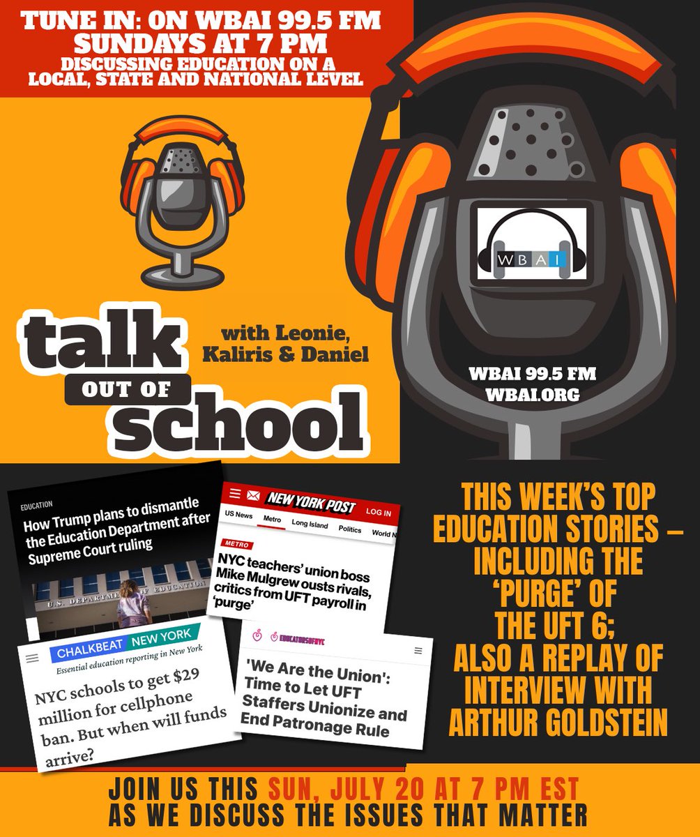 Daniel Alicea (@danielalicea) on Twitter photo Join me today Sun 7/20 at 7 PM on #TalkOutofSchool on <a href="/WBAI/">WBAI New York at 99.5 FM, streaming at wbai.org</a> 99.5FM. We share the top local & national education news — including the ‘purge’ of the <a href="/UFT/">UFT</a> 6.
I also replay my past interview w/educator & unionist Arthur Goldstein <a href="/TeacherArthurG/">teacherarthurg.bsky.social</a>
🎧 wbai.org Join me today Sun 7/20 at 7 PM on #TalkOutofSchool on <a href="/WBAI/">WBAI New York at 99.5 FM, streaming at wbai.org</a> 99.5FM. We share the top local & national education news — including the ‘purge’ of the <a href="/UFT/">UFT</a> 6.
I also replay my past interview w/educator & unionist Arthur Goldstein <a href="/TeacherArthurG/">teacherarthurg.bsky.social</a>
🎧 wbai.org