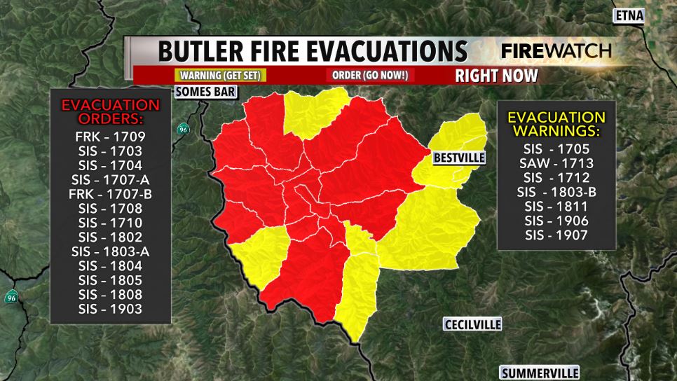 matthoffmanwx's tweet image. New Evacuation Orders (GO NOW!) have been issued for zones SIS-1802 & SIS-1903 due to the Butler Fire. Evacuation Warnings have been issued for zones SIS-1907 & SIS-1803-B.