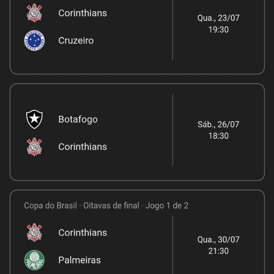 Os três próximos jogos do Corinthians são desanimadores 

Ou o pardal cai nessa sequência ou o Corinthians.
