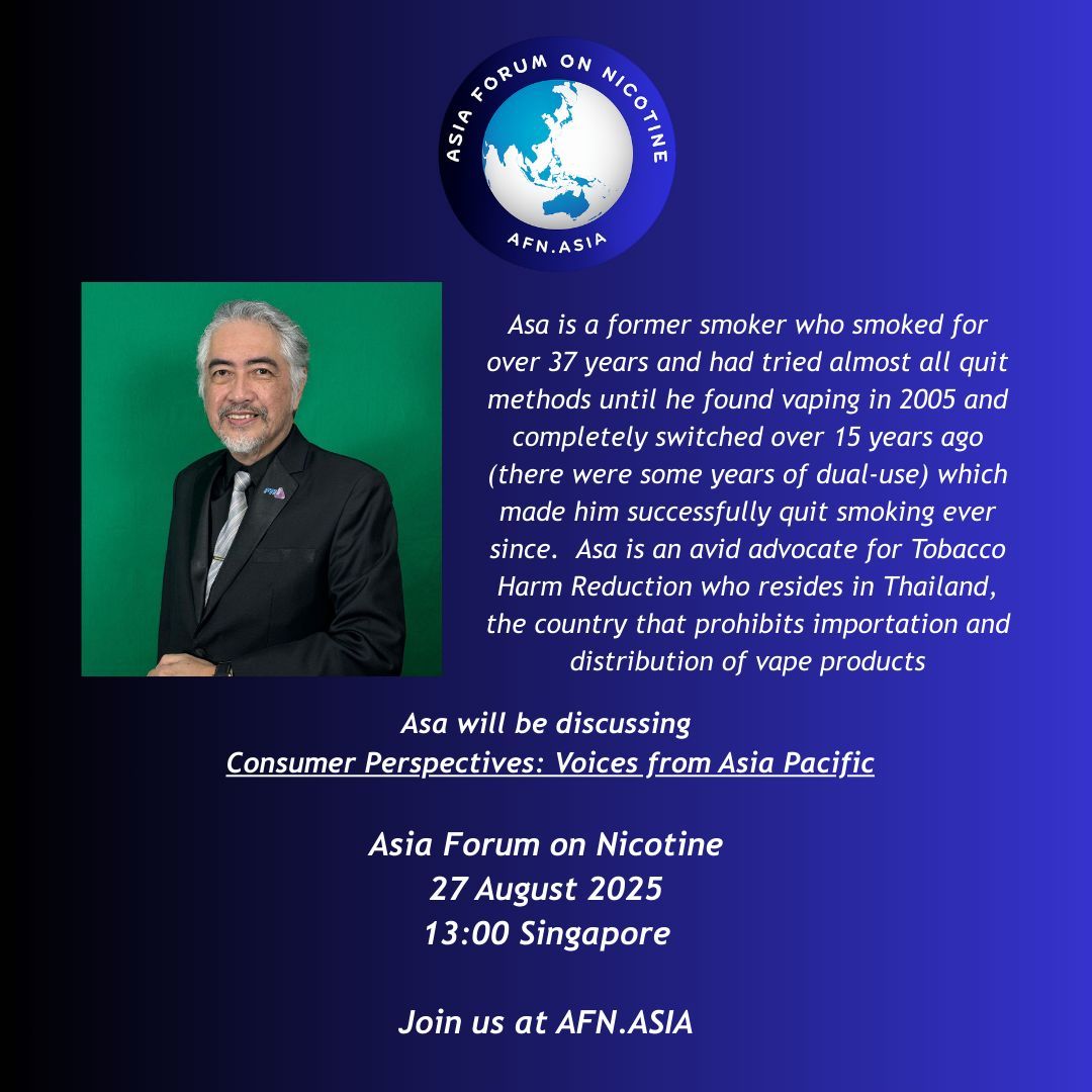caphraorg's tweet photo. π₯ Asa Saligupta of ECST Thailand shares how vaping helped him quit smoking β against legal odds. Donβt miss his story at #AFN25 #AsiaPacific #THR #AFN25 Details at https://t.co/QCT6PKZ2X5 https://t.co/PyvH20TrmQ