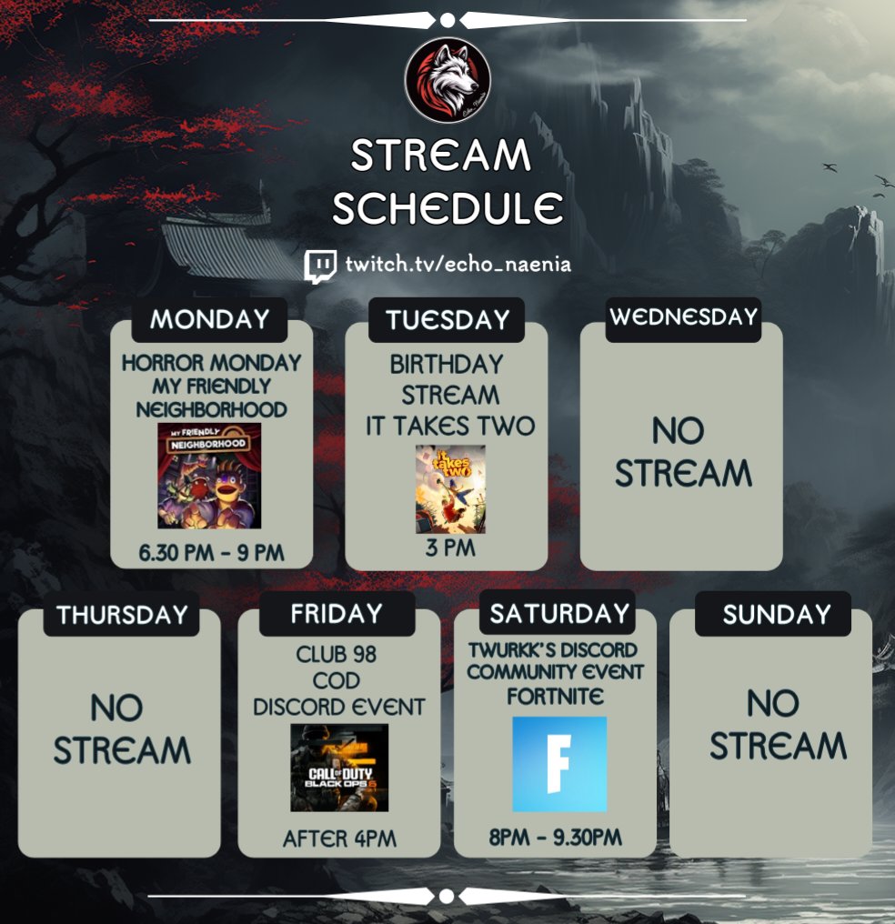 Here is this week's stream schedule (21st July). Busy week this week with my birthday stream on Tuesday and two discord events at the end of the week. There won't be a stream on Wednesday this week as I have other plans... Hope you all have a great week..
