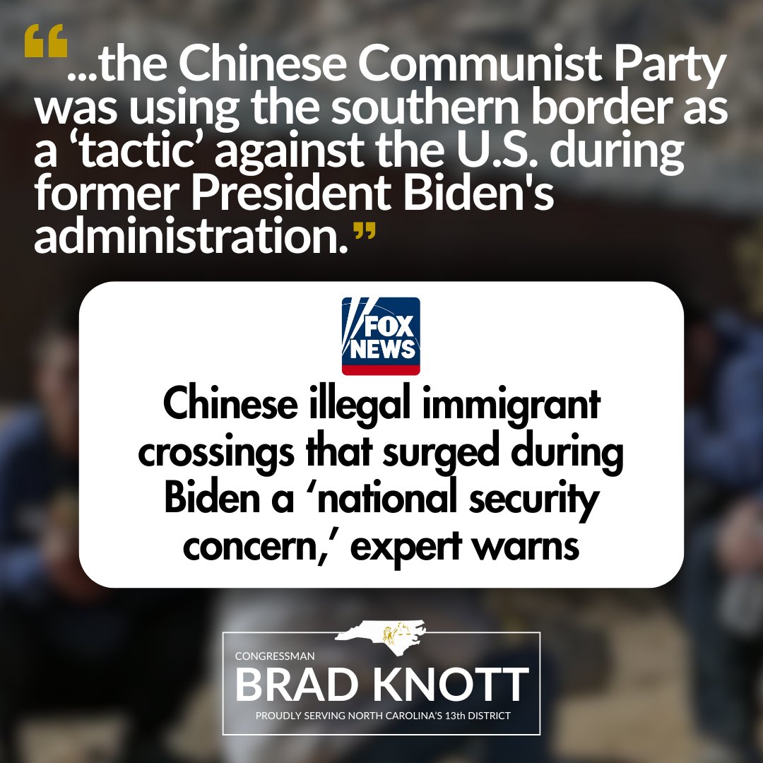 RepKnott's tweet image. The Democrats’ open border policies under Biden-Harris were a key component of the Chinese Communist Party’s strategy to enter and undermine the U.S.
From delivering the fentanyl epidemic to establishing black market operations in our communities, we must continue to identify…