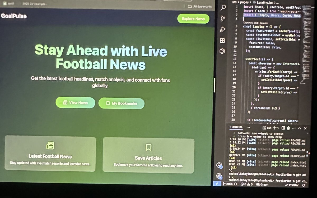 OperaFaboyinde's tweet photo. π Day 14 of #30DaysOf30Apps β
β½ GoalPulse β your football news hub
π Features:
β
Live football updates
β
Category filters & search
β
Bookmarks to save favourite articles
π οΈ Tech: React βοΈ + Tailwind π¬οΈ + Framer Motion ποΈ
#30DaysOfCode #BUIDLwithDLTAfrica https://t.co/NbWvQbPRM9