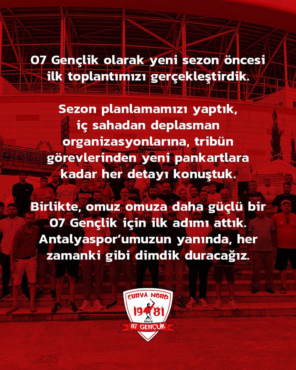 07 Gençlik olarak yeni sezon öncesi ilk toplantımızı gerçekleştirdik. 

Sezon planlamamızı yaptık, iç sahadan deplasman organizasyonlarına, tribün görevlerinden yeni pankartlara kadar her detayı konuştuk.

Birlikte, omuz omuza daha güçlü bir 07 Gençlik için ilk adımı attık.