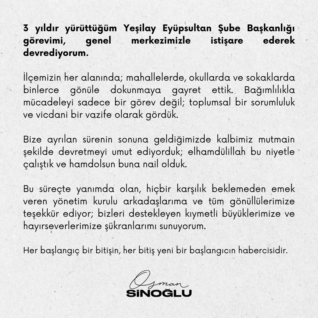 sinogluosman's tweet image. 3 yıldır yürüttüğüm Yeşilay Eyüpsultan Şube Başkanlığı görevimi devrediyorum.