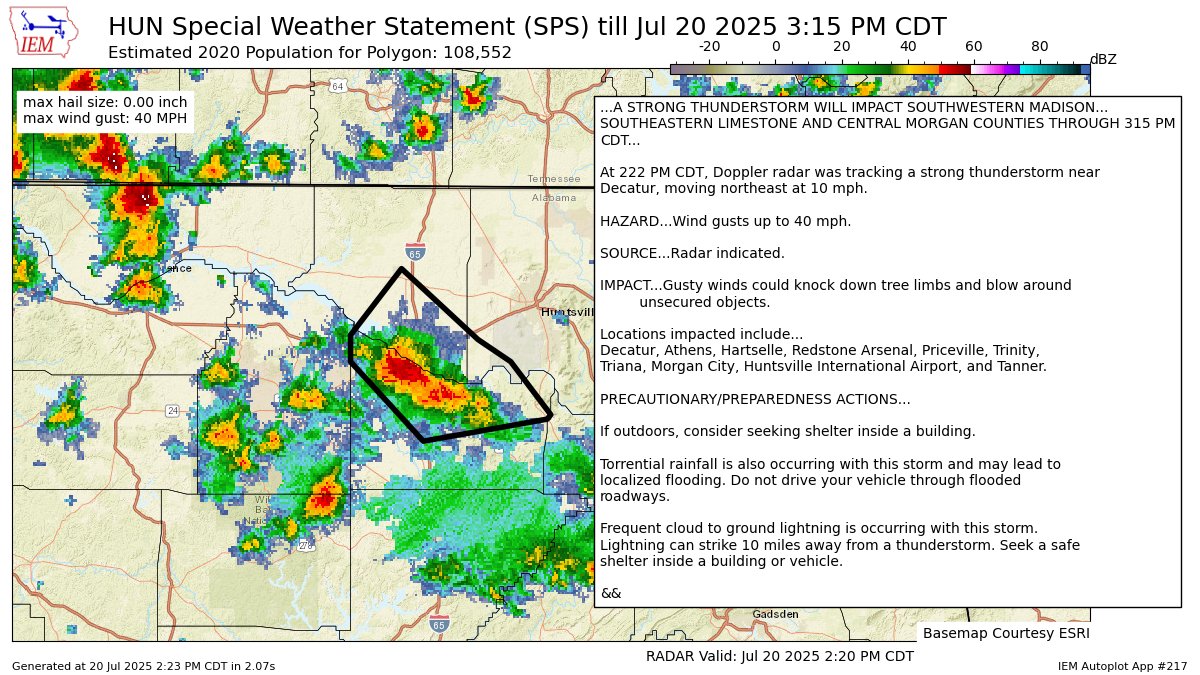 A STRONG THUNDERSTORM WILL IMPACT SOUTHWESTERN MADISON [wind: 40 MPH, hail: 0.00 IN] for Limestone, Madison, Morgan [AL] till 3:15 PM CDT mesonet.agron.iastate.edu/p.php?pid=2025…