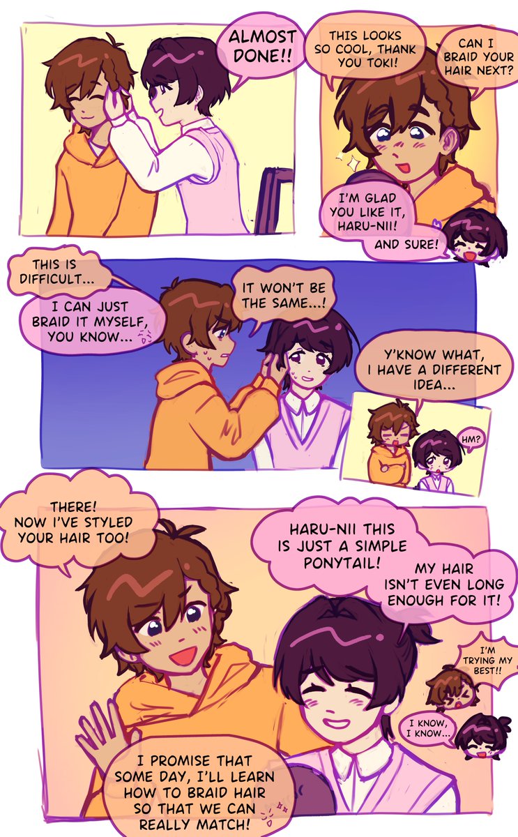 this is just a cleaned up sketch so its messy but...something like this maybe...and headcanon that haruta finally learns how to braid hair only after toki leaves the orphanage...🥺😭

(read left to right)