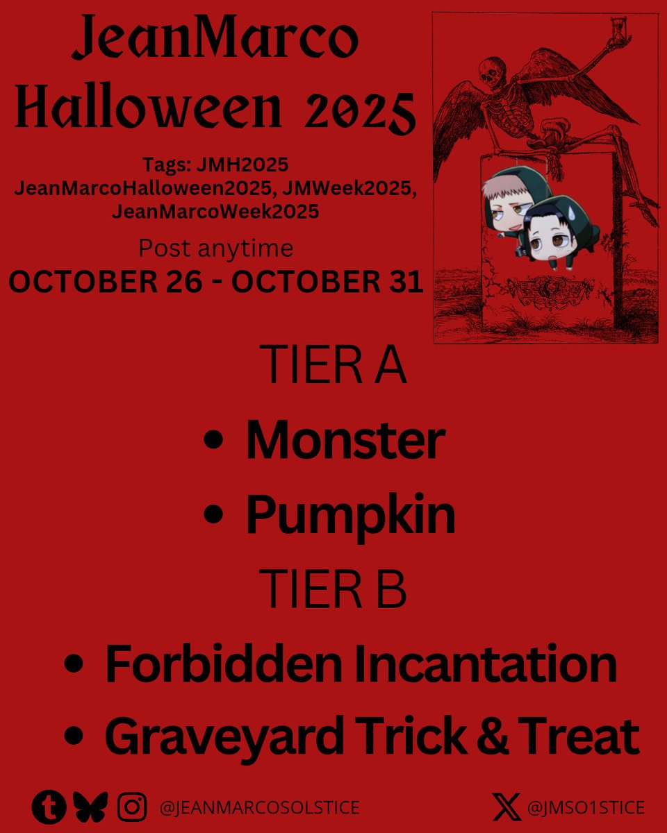 JMSo1stice's tweet image. Halloween prompts have dropped! Additional info here: jeanmarcosolstice.carrd.co/#current
#JeanMarco #ジャンマル #JMH2025 #JMWeek2025