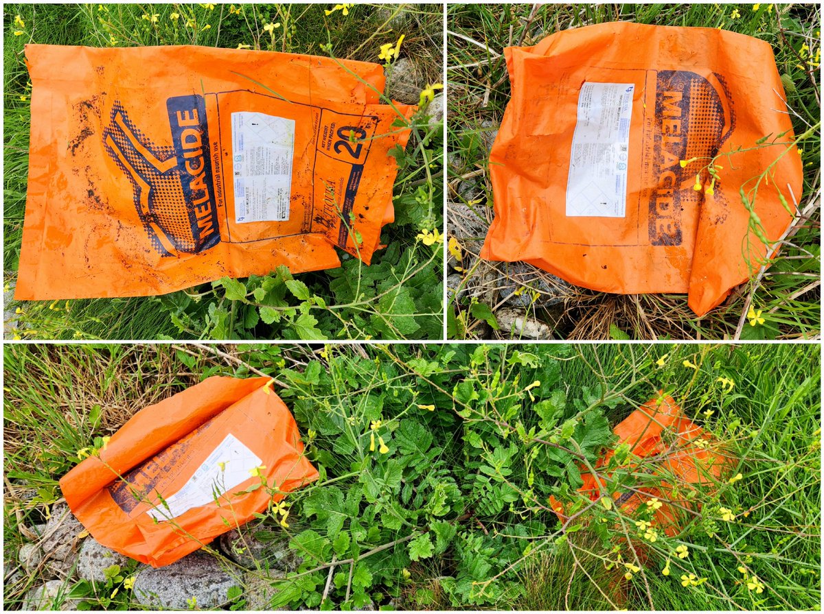Empty bags of Melacide SC 22 (used in the treatment of prawns and crustrations to preserve colour), likely thrown overboard and found on a beach in Furbo #Galway #BeachClean