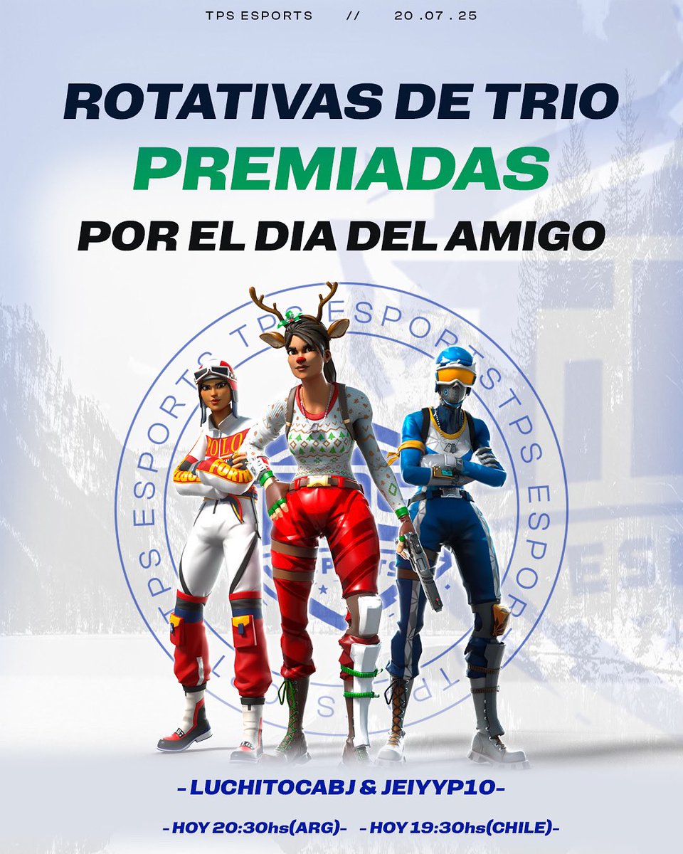 🏆| ROTAS DE TRIO POR 3 CLUBS DE FORTNITE + DINERO.

📋| Se jugara hoy a las 20:30hs(arg). Nuestros creadores de contenido <a href="/luchitocabj_/">luchitocabj</a> &amp; @jeiyyp10 prenderan stream para el torneo.

🗒️ Mencionar a 2 amigos y repostear la publicación es un requisito para participar