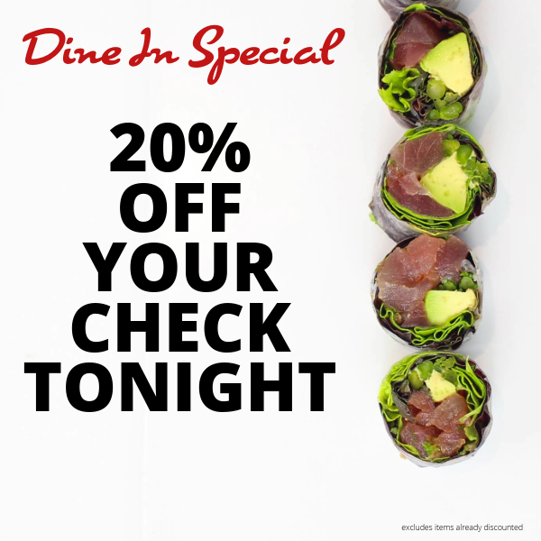 SoHoSushi's tweet photo. Dining In Tonight?  Get 20% Off Your Check For This 20th Day Of The Month On Our 20th Anniversary Year!  Grabbing Takeout?  Get 2 Specialty Rolls For $20! 😎

#sushi #explorepage #followme #discount #sohosushi #tampabay #tampa #happyhour #appetizers #asianfood #specials  #fyp https://t.co/A1tJEXHkmF