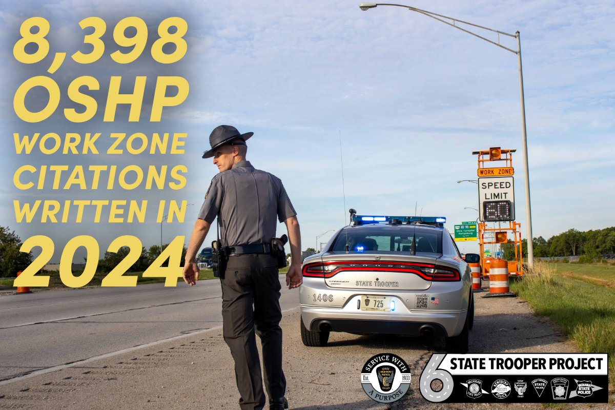 OSHP's tweet image. If you see the flashing lights of an emergency vehicle, always move over, or slow down if you’re unable to safely change lanes. In 2024, OSHP issued 8,398 citations in work zones. Please allow folks the room to work; let’s all get home safely.