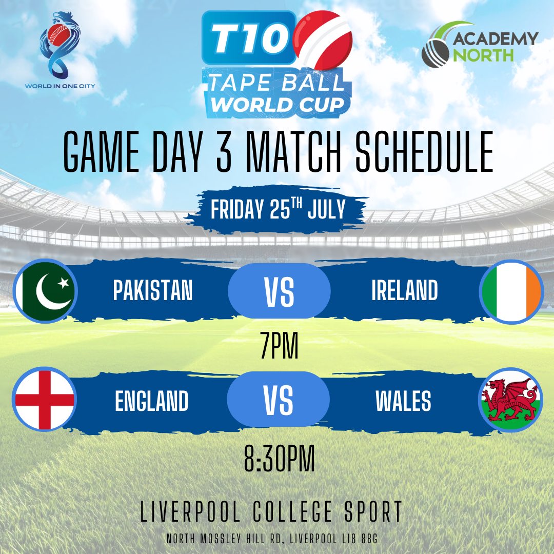 World In One City Cricket (@wioccricket) on Twitter photo The T10 TapeBall World Cup is 1 day away!
21/07/2025
Liverpool College Sports, North Mossley Hill Road, Liverpool.
๐ ๐ ๐
7pm - Wales ๐ด๓ ง๓ ข๓ ท๓ ฌ๓ ณ๓ ฟ vs Bangladesh ๐ง๐ฉ
8.30pm - India ๐ฎ๐ณ vs Pakistan ๐ต๐ฐ
@academynorth1 @openingupcricket
#WIOC #T10 #TapeBall #WorldCup #Cricket #Tournament The T10 TapeBall World Cup is 1 day away!
21/07/2025
Liverpool College Sports, North Mossley Hill Road, Liverpool.
๐ ๐ ๐
7pm - Wales ๐ด๓ ง๓ ข๓ ท๓ ฌ๓ ณ๓ ฟ vs Bangladesh ๐ง๐ฉ
8.30pm - India ๐ฎ๐ณ vs Pakistan ๐ต๐ฐ
@academynorth1 @openingupcricket
#WIOC #T10 #TapeBall #WorldCup #Cricket #Tournament