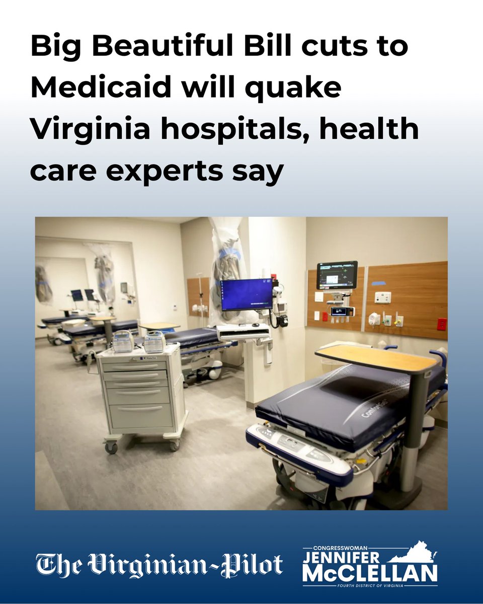 RepMcClellan's tweet image. The Big Ugly Bill, now signed into law, will deal a significant blow to Virginia’s rural health care system and hospitals. In some cases, it may outright kill them.
When I helped expand Medicaid in Virginia five years ago, one of the reasons that several Republican lawmakers got…