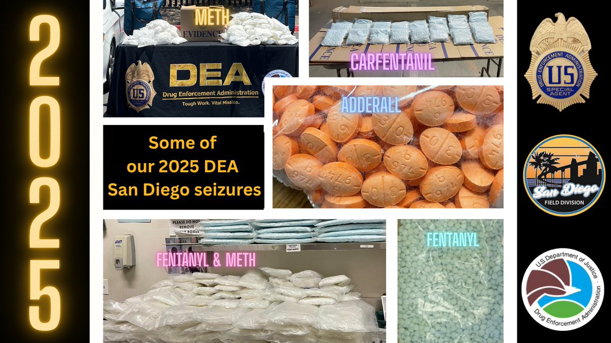 #Fentanyl #methamphetamine and #fakepills kill thousands of people every year. #DEASanDiego and our partners have been hard at work seizing deadly and dangerous #drugs in our community. This is just a sample of some of the drugs seized so far in 2025.  #DEASuccesses