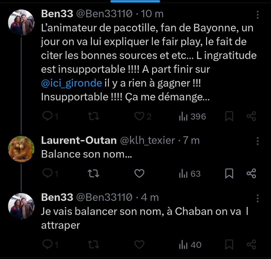 Bon <a href="/tuisovaubb/">Yann UBB LG - Podcast UBBistes ⭐</a> vient de me signaler ça.. J'ai eu le malheur de ne pas partager les infos des bonnes personnes une fois de trop... voilà des menaces physiques directes.

Franchement dégoûté : j'essaie d'apporter ma part de passion pour l'UBB avec bienveillance avec tous les