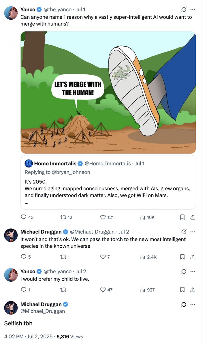 romanhelmetguy's tweet image. > "I would prefer my child to live"
> "Selfish tbh"
I know it sounds hyperbolic to claim these AI freaks want to wipe out humanity, but they say so themselves.