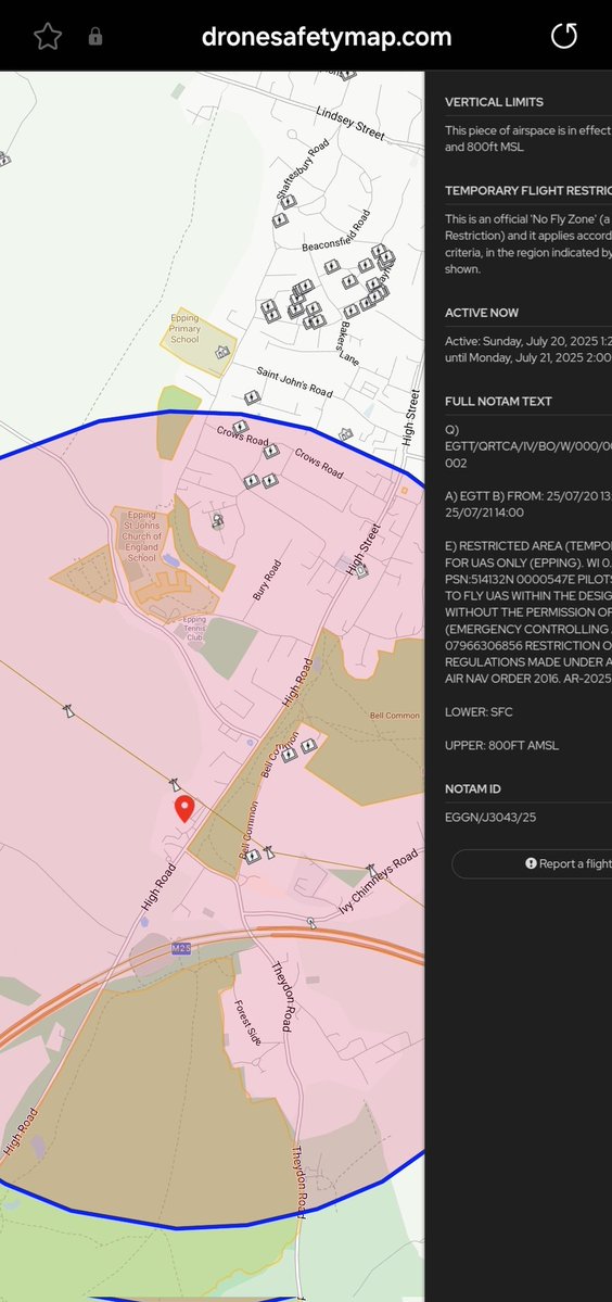 UAVHive's tweet image. Essex Police using drone legislation to place an airspace restriction to stop media broadcast by drone from near the Bell Hotel.
China started this kind of restriction with Tiananmen Square, so it's not a good look for any democracy that closes airspace like this.