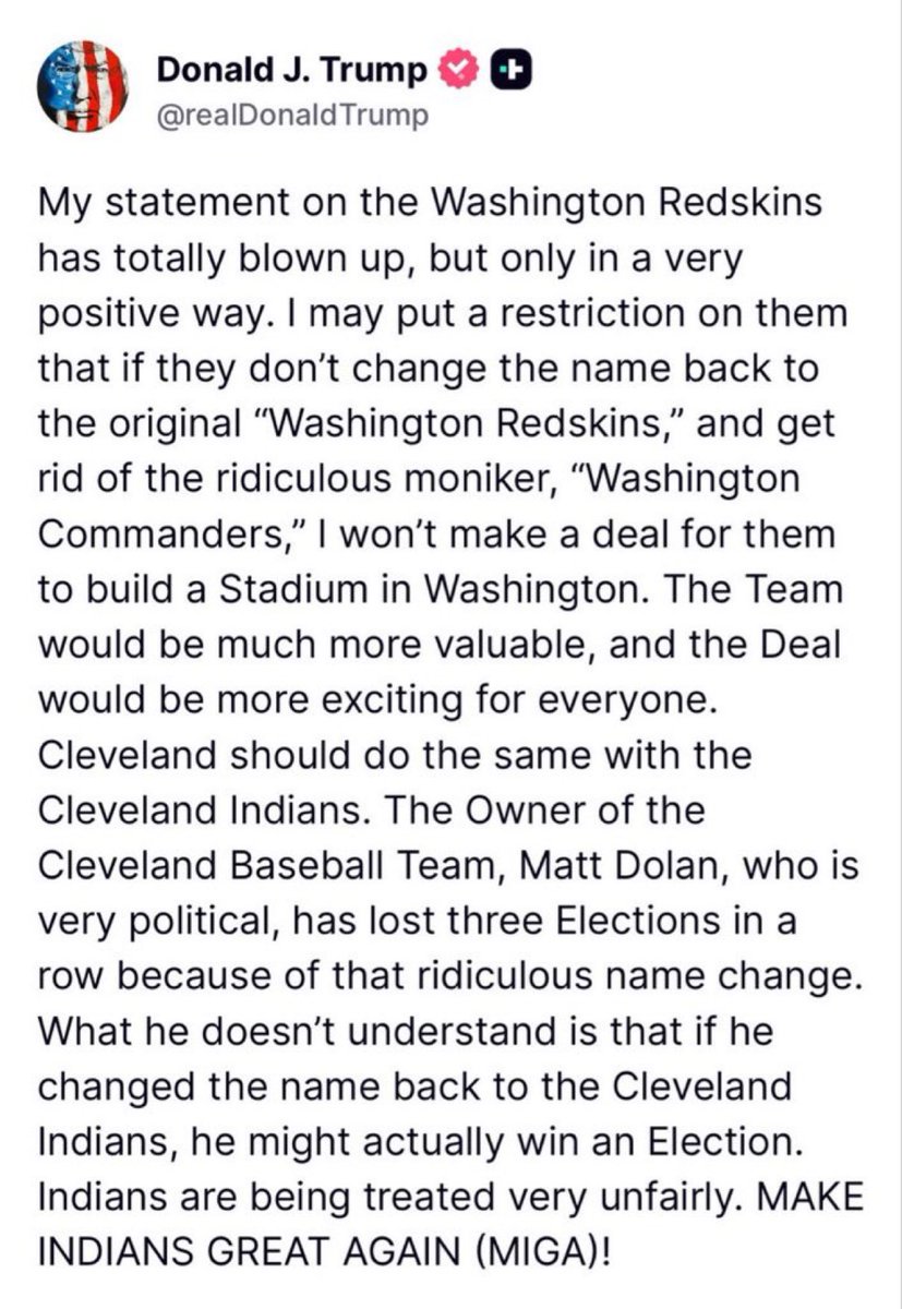 DC_Draino's tweet image. Trump says he’ll cancel the new Washington football stadium deal if they don’t change back to the Redskins
We finally have a GOP leader that uses his power instead of being a coward