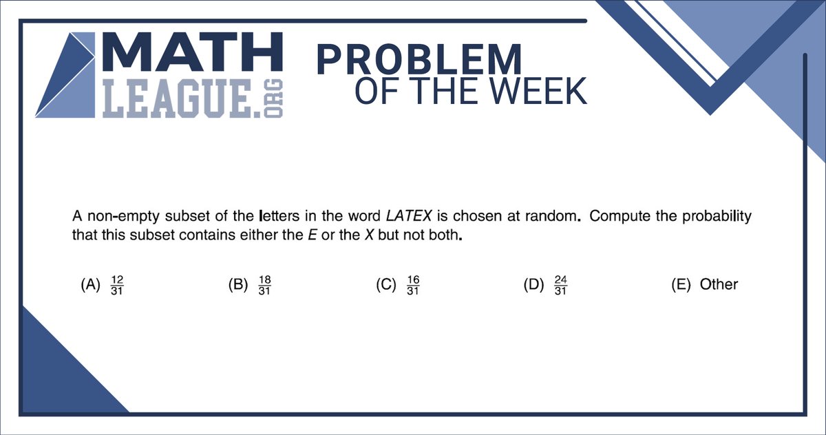 Here is our #highschool #mathproblemoftheweek for July 20. Please give the problem a try: submit your answer at bit.ly/mathleaguepotw, and you could win a #prize!

Check back in a few days to see a video explanation of this problem. #mathcompetition #math #mathleague