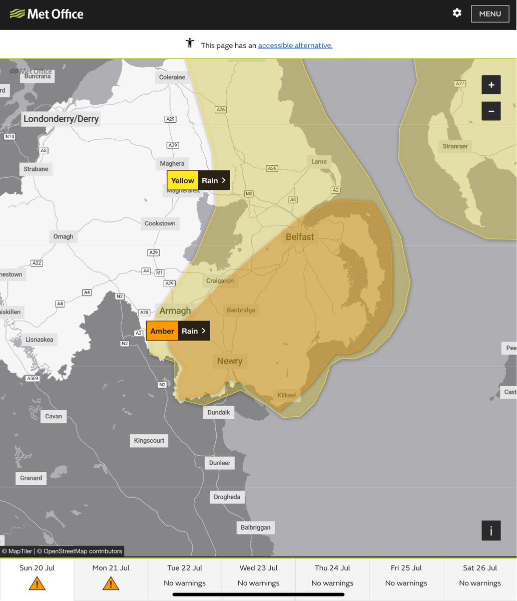 DaveThroup's tweet image. Brave call!
Another amber warning for rain, this time Northern Ireland.
SE England saw relatively modest rainfall and no significant flooding despite the warning in place yesterday.
Highlights difficulty in short term intense rain forecasting.