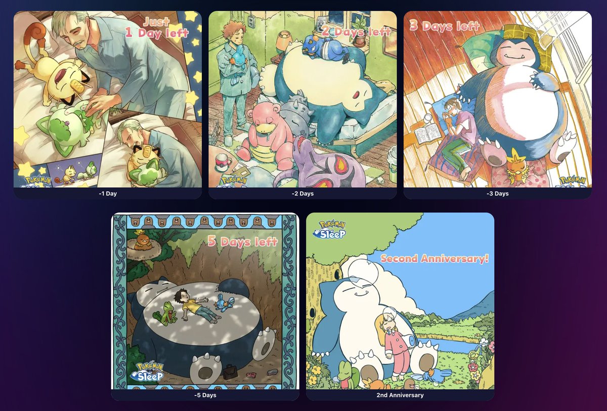 makio_jroses's tweet photo. Happy 2nd Anniversary, Pokémon Sleep! 😴
Check out the awesome countdown images celebrating two years of sweet dreams and sleepy Pokémon in our Art Gallery! ✨ https://t.co/1CB01D0Adu