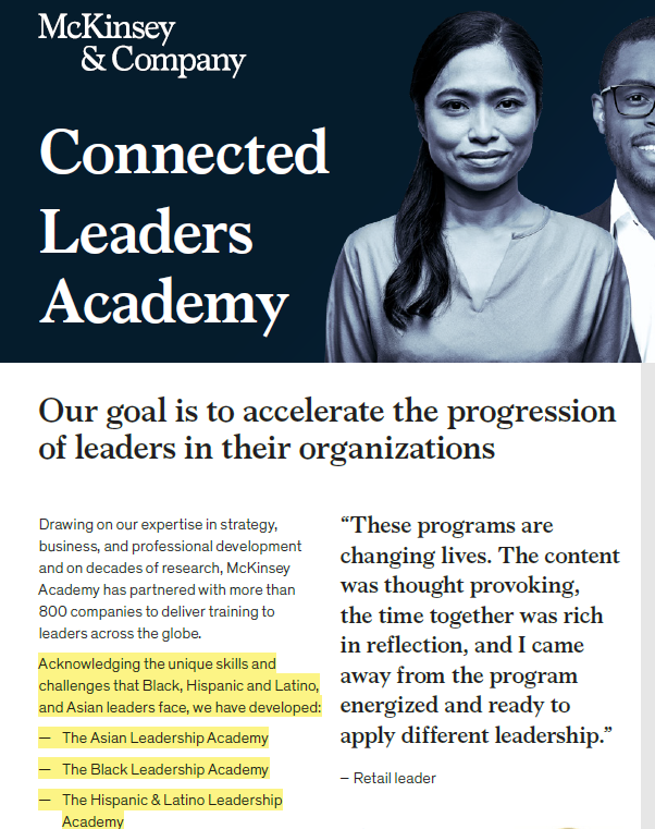 DanLennington's tweet image. McKinsey & Co. is a massive consulting firm that receives tens of millions in federal contracts each year. They create & implement race-based management training programs through their "Connected Leaders Academy." They are current federal contractors subject to false claims…