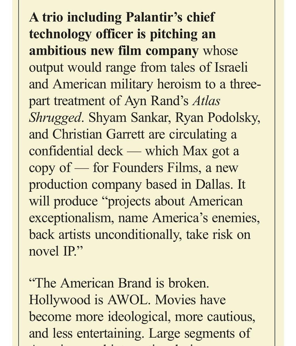Justin_Vogt's tweet image. So movies have become *too ideological* and the solution is to adapt “Atlas Shrugged” and make films that hail “American exceptionalism” and “name America’s enemies.”
Got it.
semafor.com/article/07/20/…