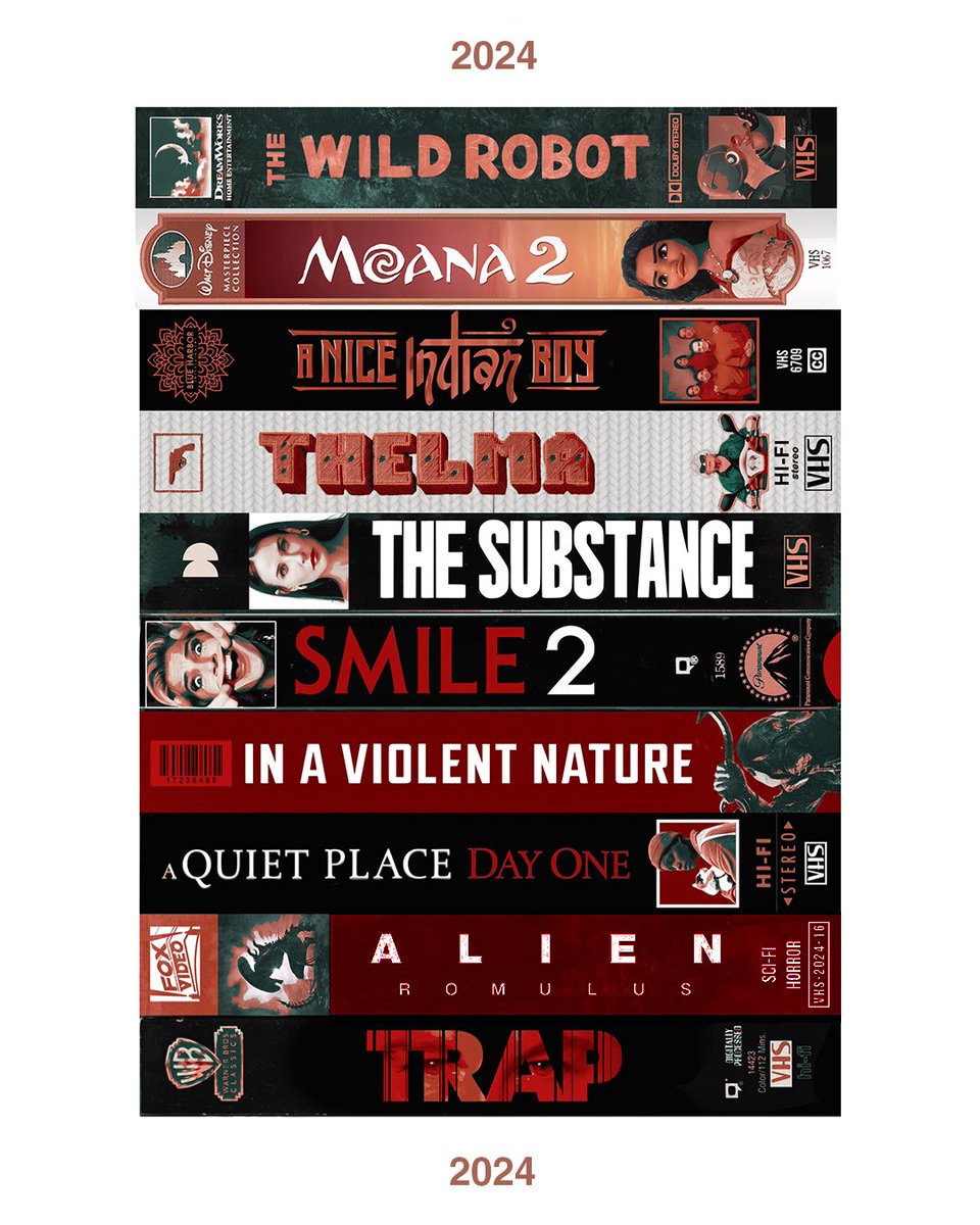 SanjayCreates's tweet image. My Top films of 2024
I love physical media, so I thought designing VHS spines was a fun way of sharing these! I know how late this is, but I’m glad that by waiting, some films that I only caught recently made it onto my list!
Let me know if you had any in common with me!