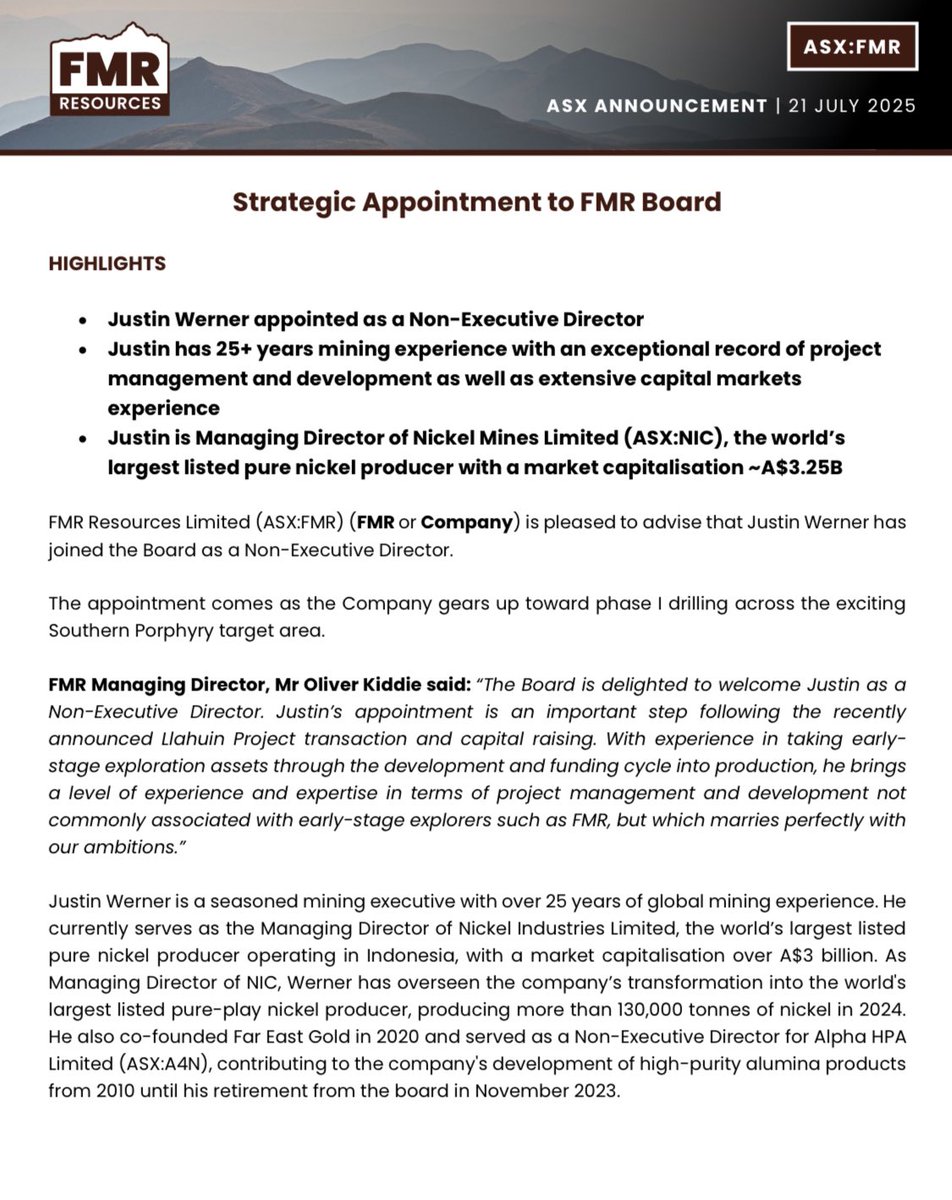 Justin Werner has joined the $FMR Resources board as a Non-Executive Director. 

With 25+ years in mining and a track record leading Nickel Industries to global scale, his appointment comes as FMR advances drilling at its Southern Porphyry copper-gold target.