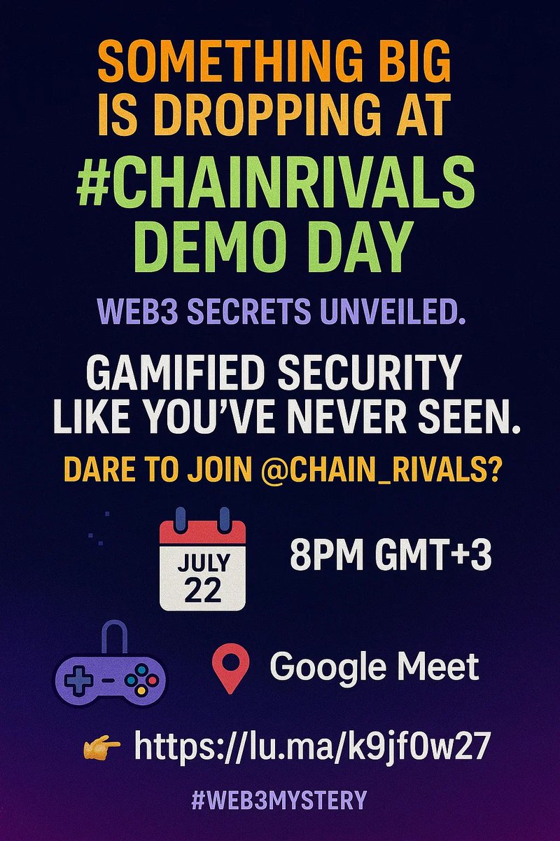 ChainRivals (@chain_rivals) on Twitter photo 🕵️♂️ Something big is dropping at #ChainRivals Demo Day. Web3 Security secrets unveiled.
Gamified security like you’ve never seen.
Dare to join <a href="/chain_rivals/">ChainRivals</a>?
🕹️ 📅 July 22, 8PM GMT+3 📍 G-Meet 👉 lu.ma/k9jf0w27
#Web3Mystery #SmartContractSecurity 🕵️♂️ Something big is dropping at #ChainRivals Demo Day. Web3 Security secrets unveiled.
Gamified security like you’ve never seen.
Dare to join <a href="/chain_rivals/">ChainRivals</a>?
🕹️ 📅 July 22, 8PM GMT+3 📍 G-Meet 👉 lu.ma/k9jf0w27
#Web3Mystery #SmartContractSecurity