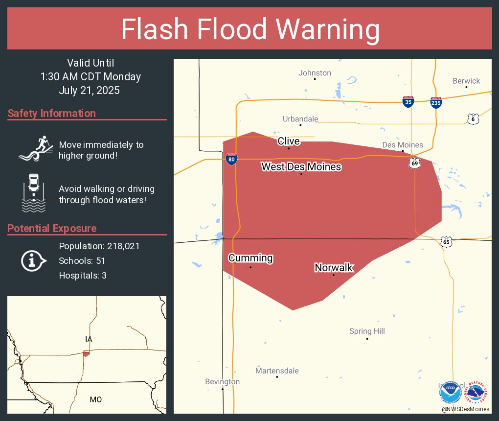 NWSDesMoines's tweet image. Flash Flood Warning including West Des Moines IA, Clive IA and Norwalk IA until 1:30 AM CDT