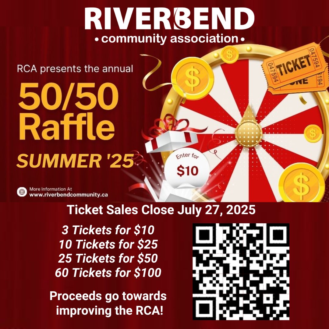 Get your 50/50 online raffle tickets now! Sales close July 27, 2025.
Win Big and Help Beautify Our Community! This is your chance to take home a fantastic cash prize, with the jackpot growing larger with every ticket sold!
riverbendcommunity.ca/events/rca-505…
#riverbendyyc  #YYCRaffles