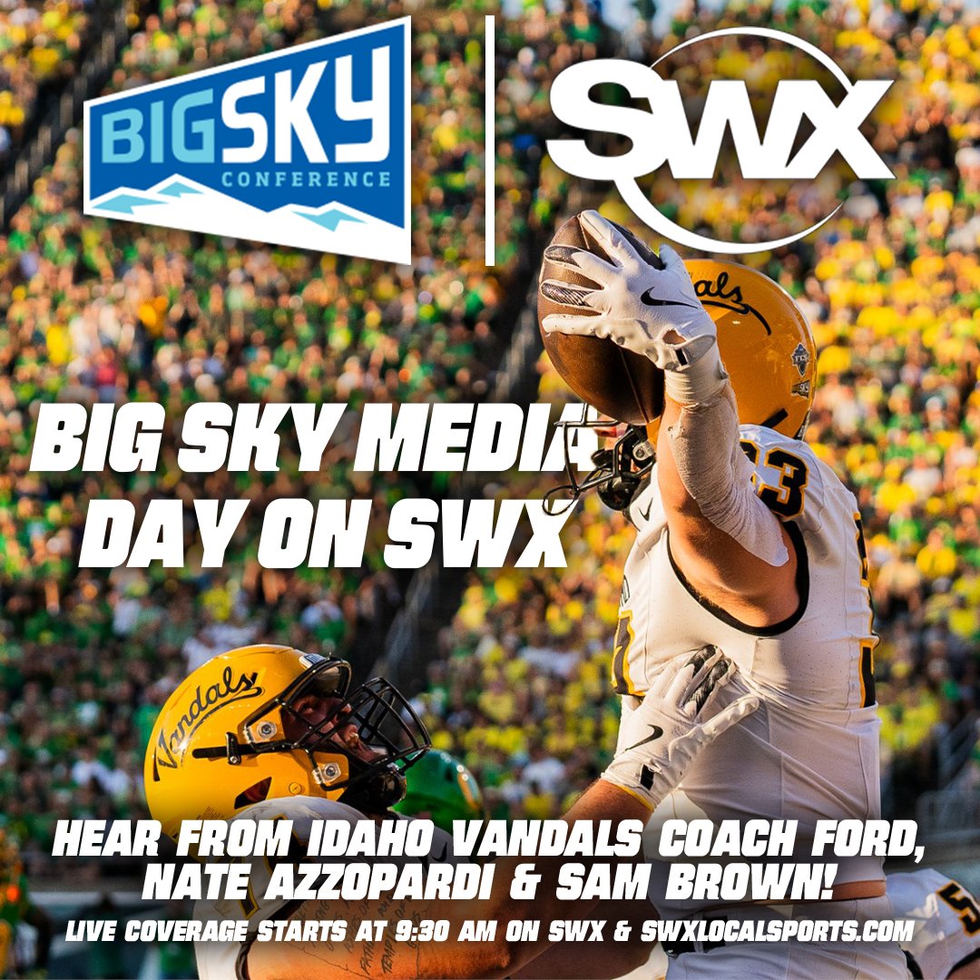 SWXLocalSports's tweet image. 🏈@VandalFootball coming to a screen near you!📺
Catch Idaho Head Coach @CoachTFord and Vandal veterans @NateAzzo and Sam Brown at @BigSkyConf Media Day! LIVE coverage starts Monday at 9:30AM on SWX & SWXLocalSports.com!