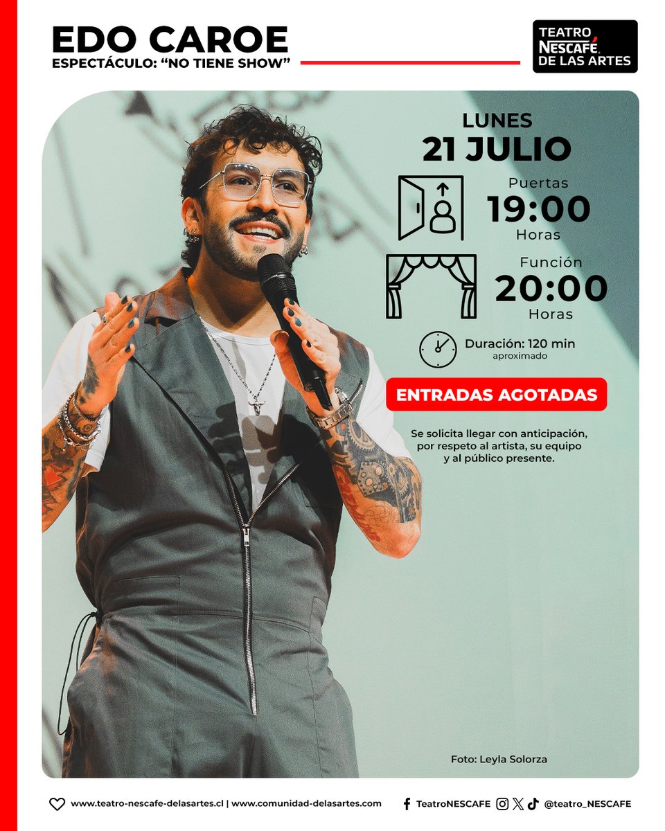 🎤 ¡HOY! Edo Caroe: No tiene show 📅 Lunes 21 de julio 🎟 ENTRADAS AGOTADAS

⏰ Puertas: 19:00 / Espectáculo: 20:00 Hrs
📌 Se solicita llegar con anticipación por respeto al artista, su equipo y al público presente

📷 Leyla Solorza