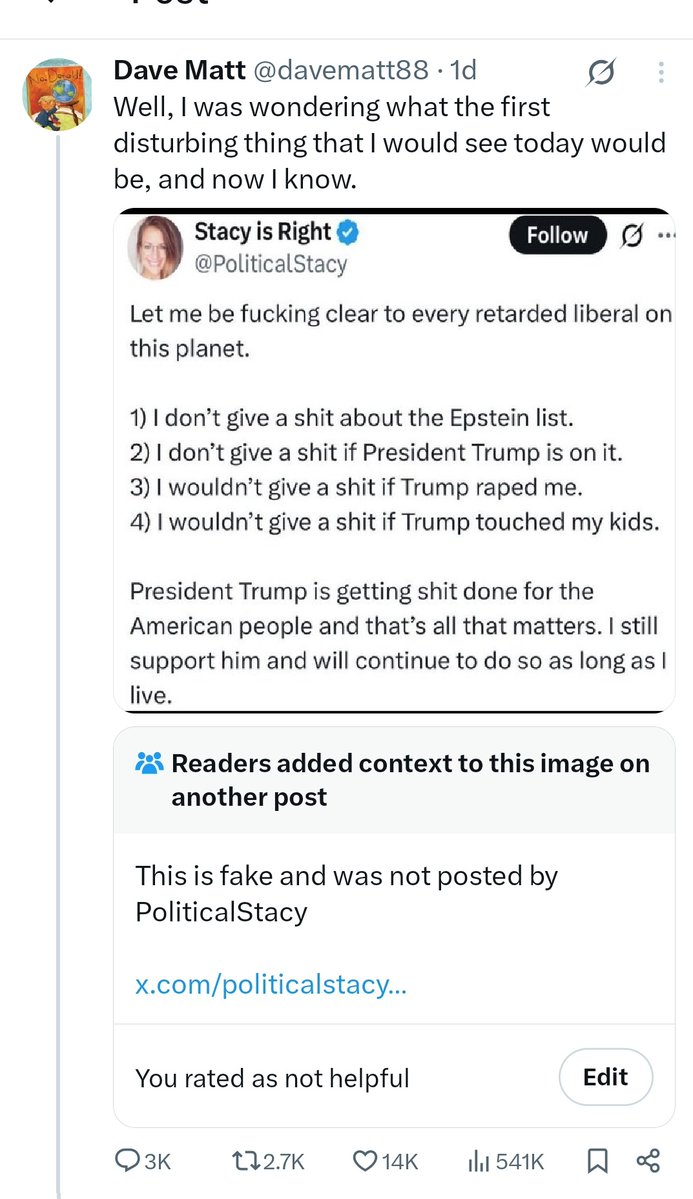 davematt88's tweet image. I commented that this was disturbing. That's it. Someone added a community note saying that it was fake. That's fine but I've seen no proof. A community note is not an official statement from Twitter and it's a group of people's consensus and it may or may not be correct.
