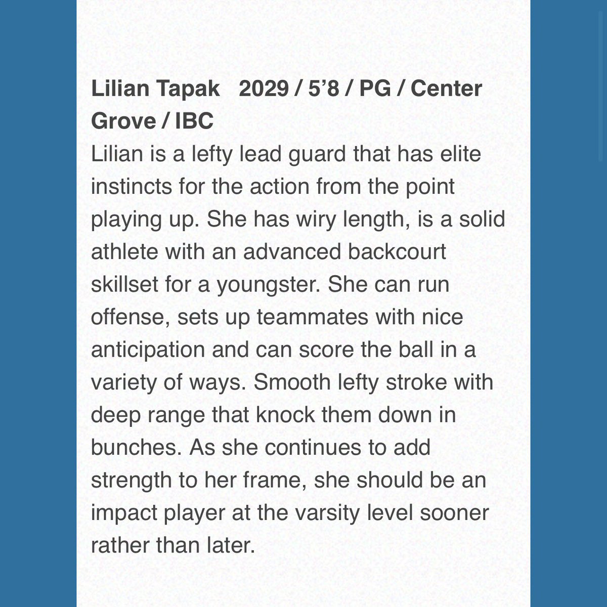Thanks so much <a href="/coachbeckett/">IGBRR Hoops</a> for the kind words about my game. Really looking forward to my freshman year at <a href="/cghs_wbb/">Center Grove WBB</a>. 

<a href="/IBCWBB15US40/">Indiana Basketball Club 15U S40</a> <a href="/IBCWBB/">Indiana Basketball Club</a>