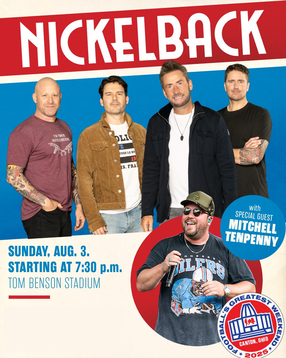 ProFootballHOF's tweet image. ✌️ Weeks Away! 🎸
@Nickelback is bringing the heat to Canton with special guest Mitchell Tenpenny (@m10penny) at the 2025 Concert for Legends on August 3rd! Don’t miss this epic night of rock and country under the stadium lights. Grab your tickets now before they’re gone!
🎟️…