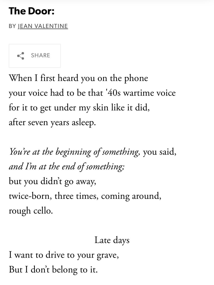 maureenthorson's tweet image. “Your your voice had to be that ‘40s wartime voice” A poem by Jean Valentine.
