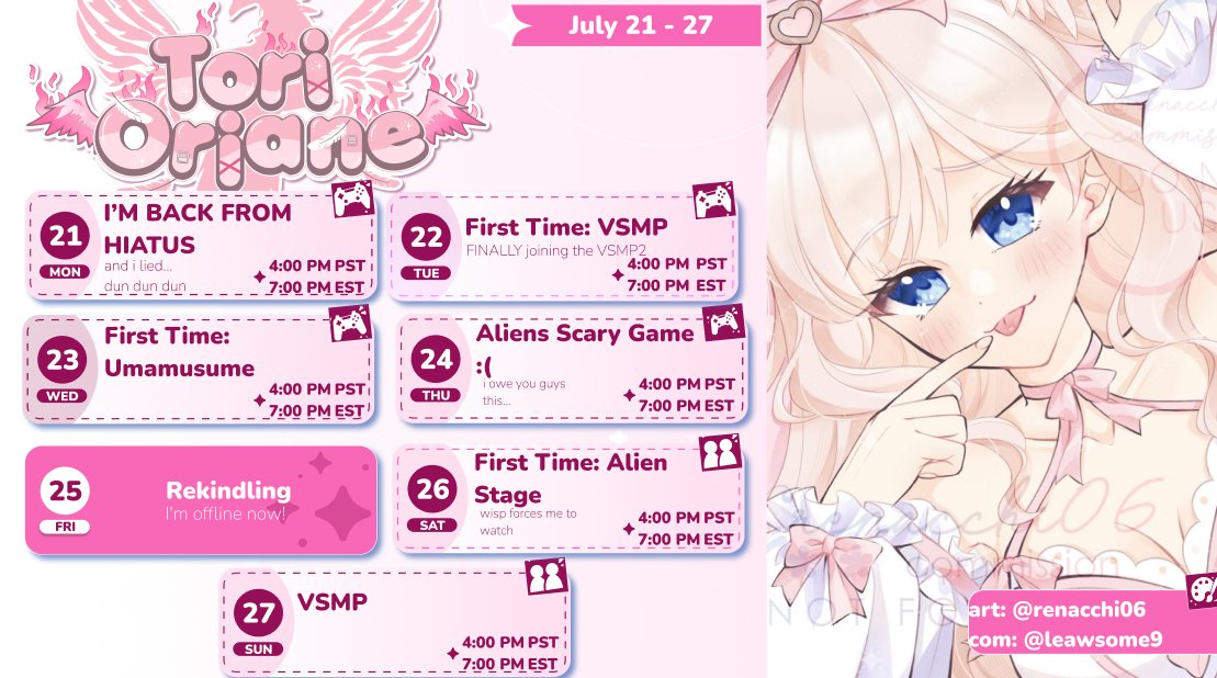 torioriane's tweet image. 🌸NEW SCHED 7/21-7/27🪽
-I'M BACK FROM HIATUS :)) COME SAY HI🫵
-first time: VSMP2 (finally!), umamusume, aliens :(, alien stage reaction👽
-WHO'S HYPED, SAY YOU🎉
🎨Art: #toriort
🎞️Clips/Misc: #ToriOriane
🌸🪽Fan Name: Bird Watchers