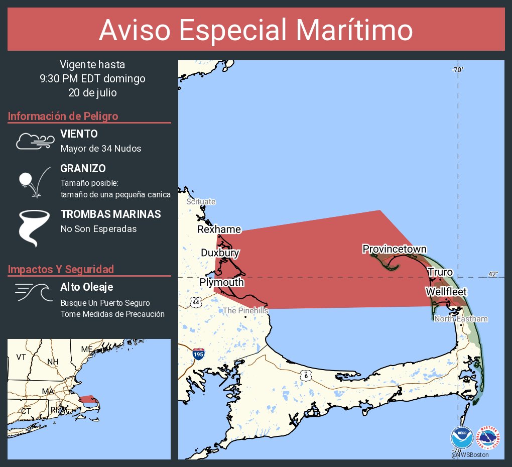 NWSBoston's tweet image. Aviso Especial Marítimo incluye Aguas costeras desde Provincetown MA a Chatham MA a Nantucket MA hacia afuera 20 mn, Aguas costeras al este de la Bahía Ipswich y del Santuario Marino Nacional Stellwagen Bank y Bahía Cabo Cod hasta las 9:30 PM EDT