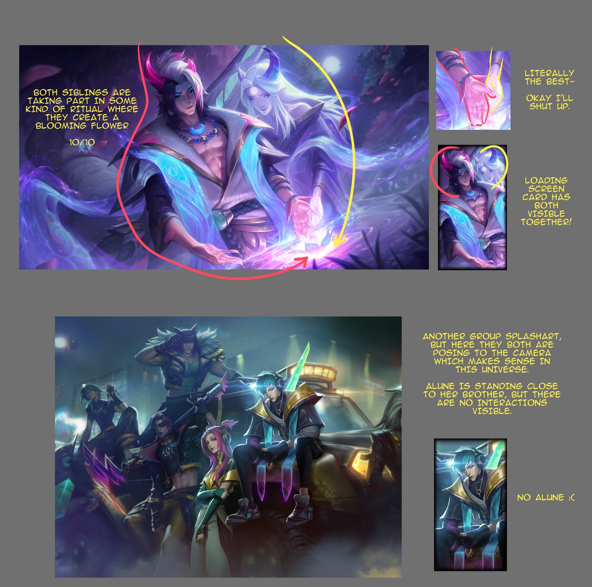 odeko_yma's tweet image. After release of Aphelios’ Sprit Blossom springs splash-art something was bothering me for days about it
So I made this graphic covering all artworks