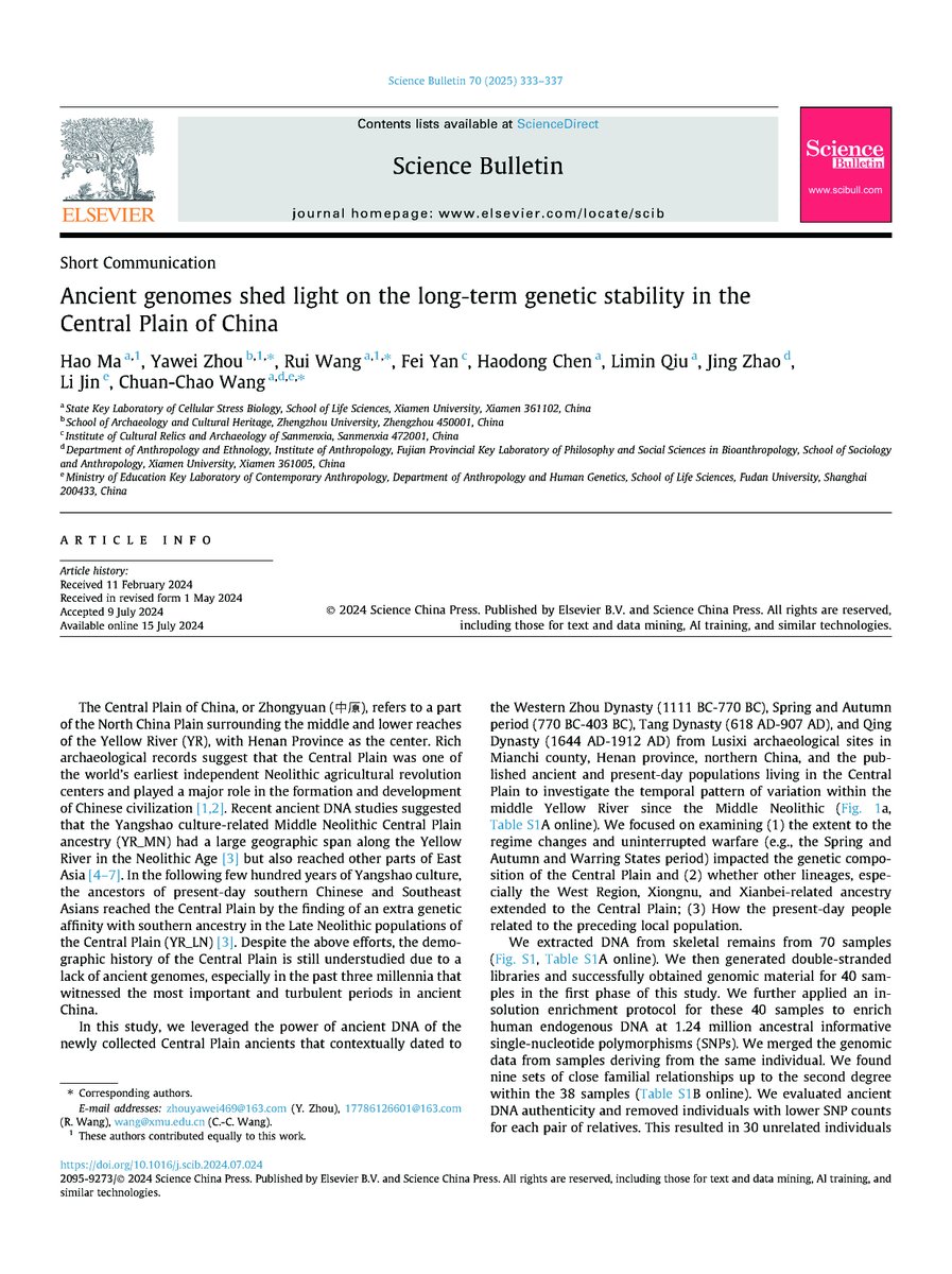 Sci_Bull's tweet image. Ancient genomes shed light on the long-term genetic stability in the Central Plain of China doi.org/10.1016/j.scib…
Chuan-Chao Wang (Xiamen University), Yawei Zhou (Zhengzhou University) et al.
@isciverse @SciencNews #Geo #EarthSciences