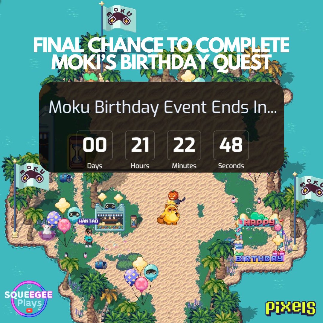 Squeegee_Plays's tweet image. 📢 LAST CALL TO COMPLETE Moki's Birthday Quest
Hey Farmers!!🧑🌾
🌴We've heard from you guys and have decided to reopen Eggu Island for 24 more hours!
🕔This is the final chance to complete the quest so don't waste this opportunity.
🕔 Finish crafting your Moku treats, and turn…