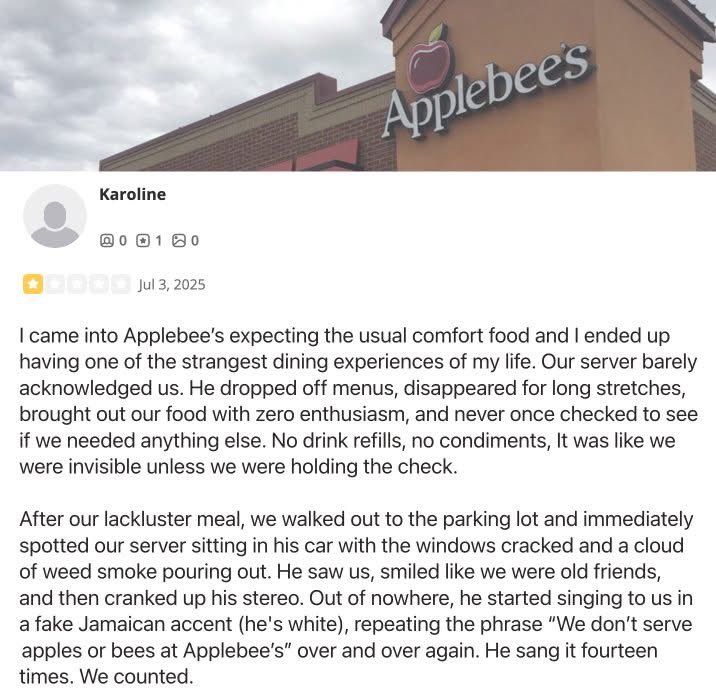 formerly_unsaid's tweet image. The greatest Applebee’s review of all time